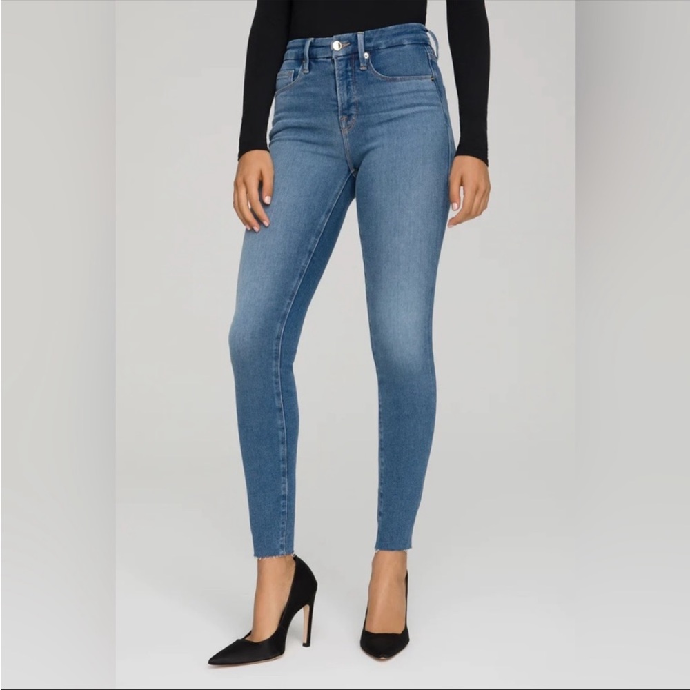 Good American Good Legs High Rise Skinny Blue Denim Jeans Raw Hem 6 28